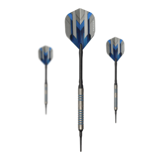 Dardos blandos McDart 85 Tungsten V1 - 17 g Das Bild zeigt drei Softdarts des Modells „McDart 85er Tungsten V1 Softdarts - 17g“. Die Darts haben blaue und silberne Akzente sowie schwarze Spitzen und Flügel.
