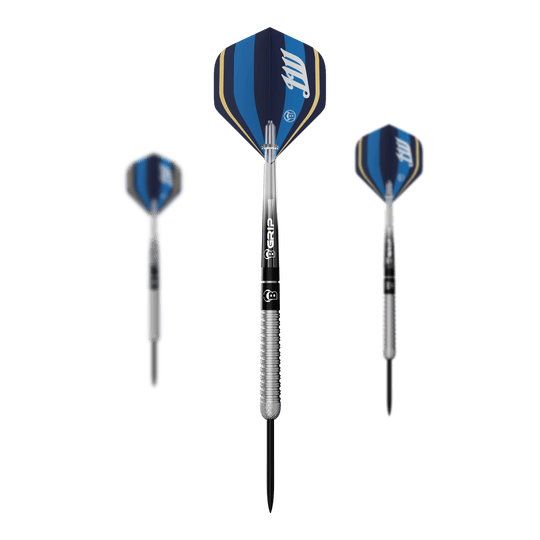 Hier sieht man ein Set der Bulls Leon Weber Steeldarts. Das Set enthält mehrere Steeldarts für den Dartsport.