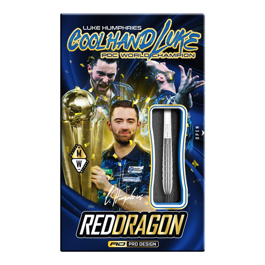Die Abbildung zeigt die Red Dragon Luke Humphries TX1 Pioneer Steeldarts. Es handelt sich um hochwertige Steeldarts für professionelle Dartspieler.