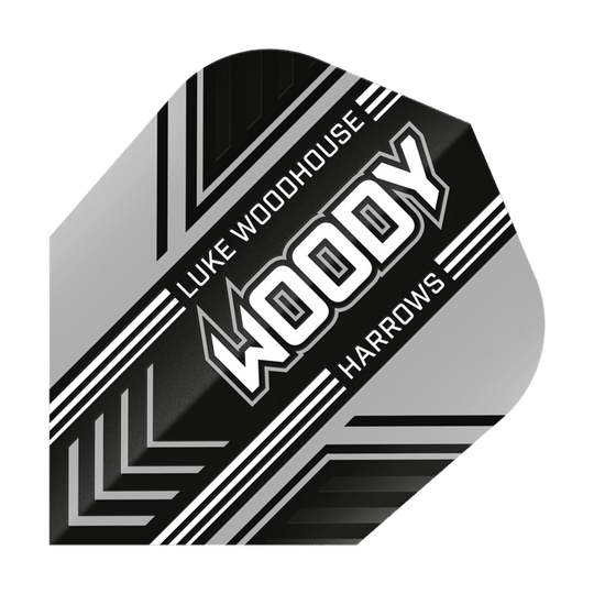 Harrows Prime Luke Woodhouse Woody No6 Lety Das Bild zeigt ein Dartflight mit dem Namen "Harrows Prime Luke Woodhouse Woody No6". Das Design ist schwarz, weiß und silber mit dem Schriftzug "WOODY" in der Mitte.