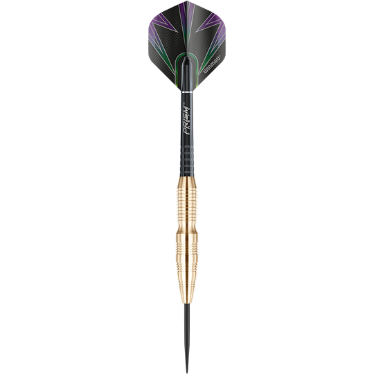 1224_Winmau_Simon_Whitlock_Brass_Steeldarts_1C5xuuCdsfzTQN Winmau Simon Whitlock Brass Steeldarts liegen nebeneinander. Die Oberfläche und Flights sind zu erkennen.