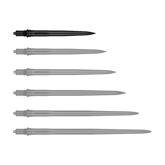 Puntas de dardo Caliburn EZ-EVO - Suaves - Negras Das Bild zeigt schwarze Dartspitzen mit glatter Oberfläche, vermutlich 28 mm lang. Die Datei trägt den Namen EVO181_Caliburn_EZ-EVO_Dartspitzen_Smooth_Schwarz_28mm_1.