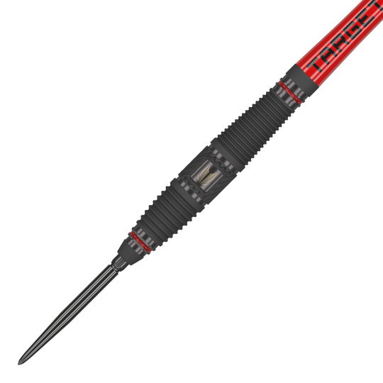Dardos de acero Target Scope 03 Swiss Point Das Bild zeigt ein Target Scope 03 Swiss Point Steeldart mit schwarzem und rotem Design. Die Oberfläche des Darts ist geriffelt und hat Metallakzente für besseren Halt.