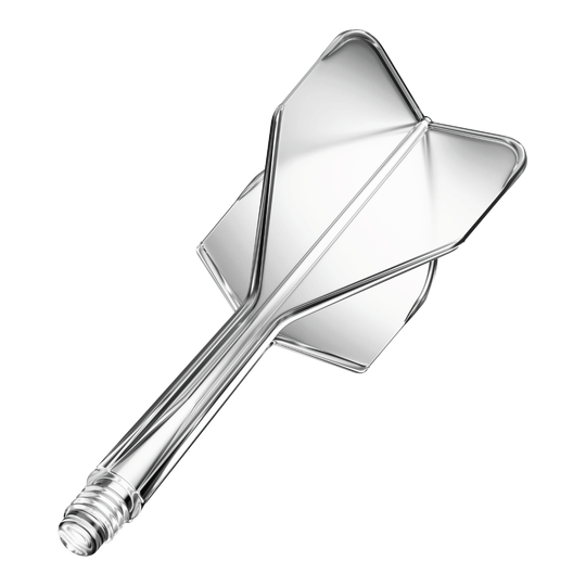 Système d'arbre de vol GOAT A1R n° 6 - Transparent Das Bild zeigt das Produkt "GOAT A1R No6 Flight-Shaft-System - Clear". Es handelt sich um ein durchsichtiges Dart-Flight- und Schaftsystem.