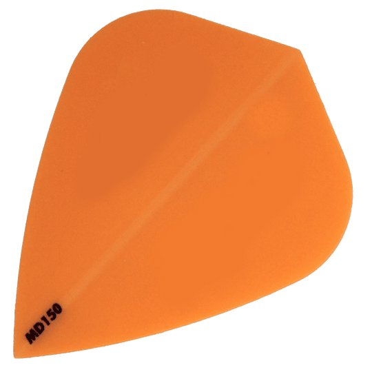 MD150-Kite-Orange Das Bild zeigt das Produkt "McDart MD150 - Kite Flight", eine orangene Dart-Flugfeder. In der unteren linken Ecke steht die Bezeichnung "MD150".