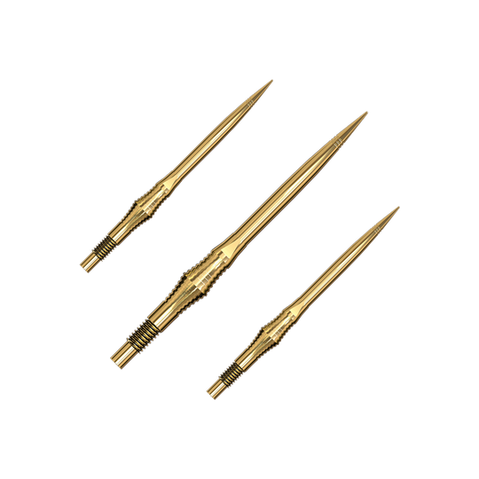 Goldene Dartspitzen sind im Set abgebildet. Die Spitzen leuchten metallisch.