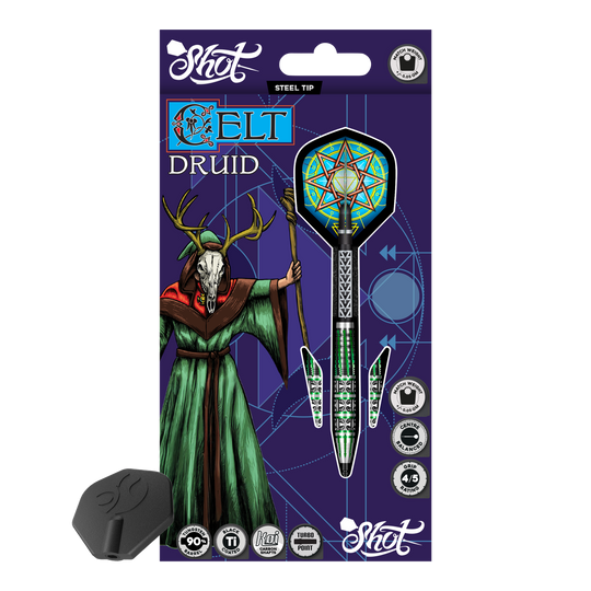 Shot Celt Druid Turbo Point Steeldarts Das Produktfoto zeigt Shot Celt Druid TurboPoints Steeldarts. Die Darts heben sich durch besondere Formen ab.