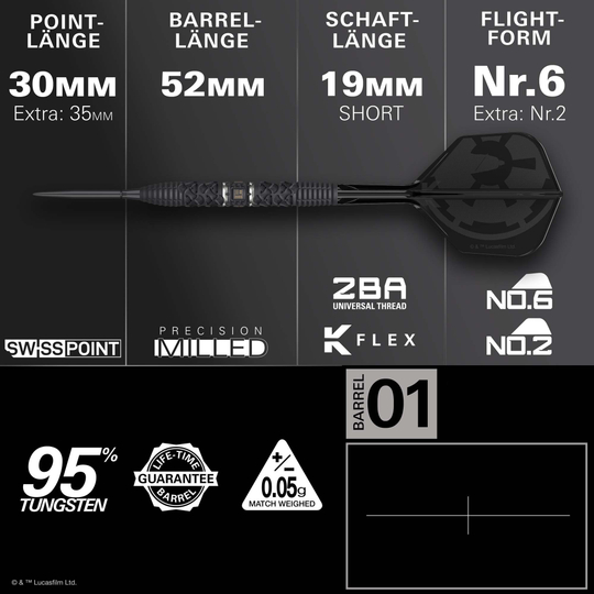 Dardos de acero Target Star Wars Darth Vader 95 Swiss Point Die Target Star Wars Darth Vader 95 Swiss Point Steeldarts sind auf diesem Bild zu sehen. Sie zeigen ein Dart-Set inspiriert von Darth Vader aus Star Wars.