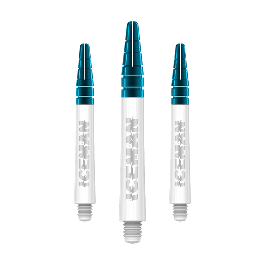 C635_Red_Dragon_Nitrotech_Gerwyn_Price_Shafts_White_42mm_1 Auf dem Bild sind drei weiße Dartschäfte mit blauen Spitzen zu sehen. Auf den Schäften steht das Wort "ICEMAN" in silberner Schrift.