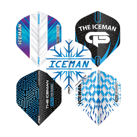 X0799_Red_Dragon_Gerwyn_Price_1_Flight_Card_2 Das Bild zeigt fünf verschieden designte Dart-Flights der Marke Red Dragon, die das Motiv "Iceman" tragen. Die Farben und Muster sind überwiegend in Blau, Schwarz und Weiß gehalten.