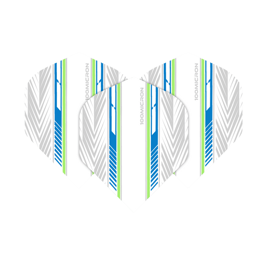 Vuelos de pentatlón blanco/azul/verde Das Bild zeigt die "Pentathlon White Blue Green No2 Standard Flights" mit einem modernen Design in Weiß, Blau und Grün. Die Flights haben ein Muster aus Linien und Pfeilen sowie den Aufdruck "100 MICRON".