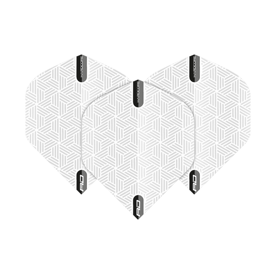 TF6427_Red_Dragon_Hardcore_White_Standard_Flights_1YY8ajxLYnFIeS Das Bild zeigt drei "Red Dragon Hardcore White Standard Flights" für Darts. Sie sind weiß mit einem dezenten geometrischen Muster und haben schwarze Akzente mit der Aufschrift "HARDCORE".