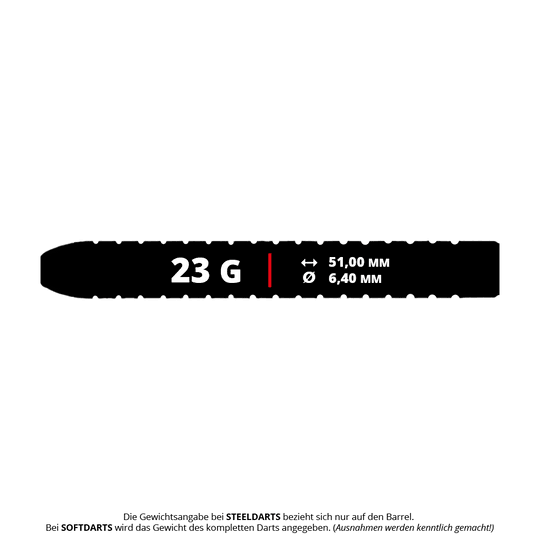 Das Bild zeigt die technischen Daten des Produkts "Dynasty Fallon Sherrock 4 S AFlow BK Steeldarts - Mit Autogramm - 23g". Der Dart wiegt 23 Gramm, ist 51,00 mm lang und hat einen Durchmesser von 6,40 mm.