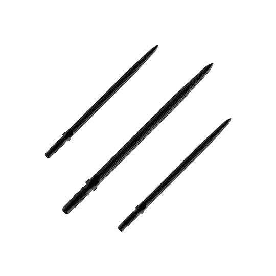 Abgebildet ist ein Produkt mit dem Namen BU57705_BullsNL_Convertible_Points_MicroGrip_Schwarz_36mm_1Set. Es handelt sich um schwarze umwandelbare Dartspitzen mit MicroGrip in 36 mm Länge.
