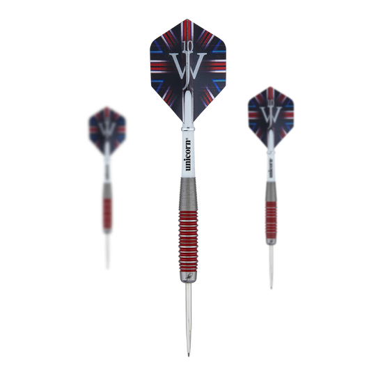 Dardos de acero al 90% de James Wade, Unicorn The Machine Das Bild zeigt drei Steeldarts des Produkts "Unicorn The Machine James Wade 90% Steeldarts". Die Darts haben rote und silberne Griffringe sowie Flights mit einem schwarz-blauen Muster und den Initialen "JW".