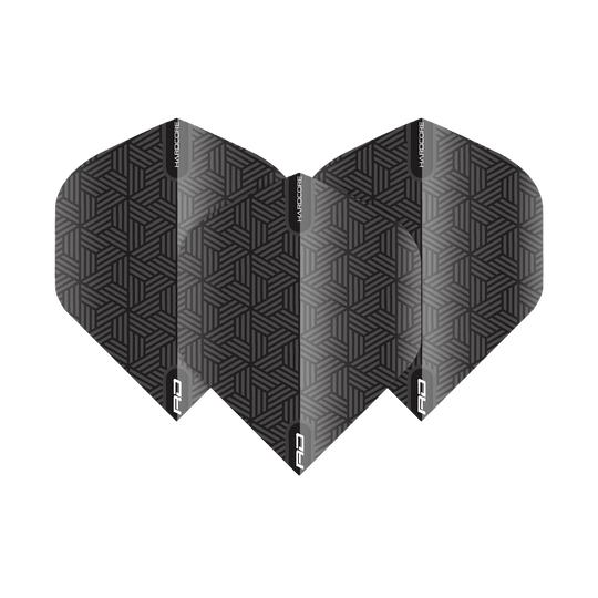 TF6428_Red_Dragon_Hardcore_Black_Standard_Flights_15MA6X0fNlpah8 Das Bild zeigt die Red Dragon Hardcore Black Standard Flights. Sie sind schwarz mit einem geometrischen Muster und weißer Beschriftung.