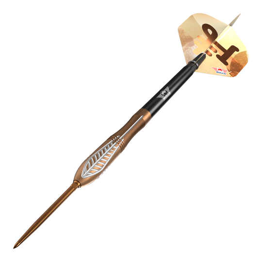 Šipky Bulls NL Bronzo Nova Convertible Point Steel Darts Zu sehen ist Bulls NL Bronzo Nova Convertible Point Steeldarts. Das Set wird aus einer weiteren Perspektive gezeigt.