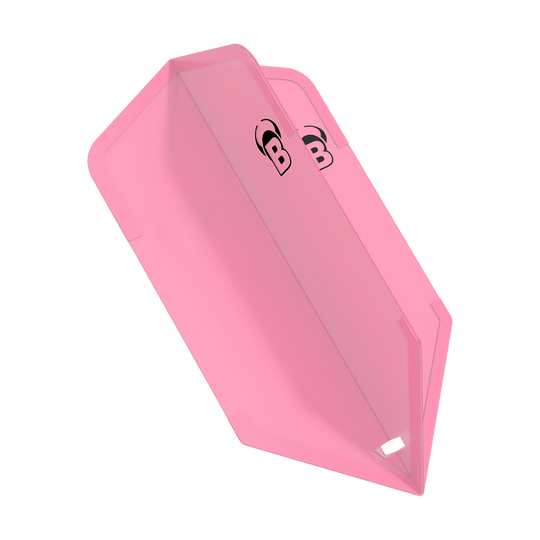 BL50058_Bulls_DragonFlights_Slim_Rosa_1 Das Bild zeigt ein pinkes Dartflügel-Set namens "Bulls DragonFlights Slim". Auf den Flügeln ist ein schwarzes "B" mit Hörnern abgebildet.