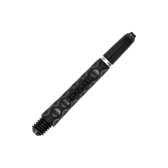 Harrows Dimplex Shafts - Schwarz Das Bild zeigt einen schwarzen Dartshaft mit einer strukturierten Oberfläche. Auf dem Schaft steht das Wort "DIMPLEX" und er ist etwa 41 mm lang.