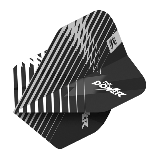 TG94_336740_Target_ProUltra_Phil_Taylor_Black_No2_Standard_Flights_2 Das Bild zeigt die Target ProUltra Phil Taylor Black No2 Standard Flights. Die Flights sind schwarz-weiß gemustert und haben den Aufdruck "The Power".