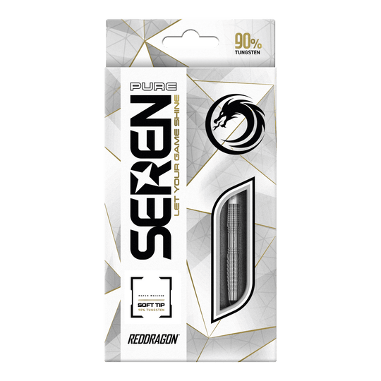 Šipky Red Dragon Seren 3 Pure Softdarts - 20g Die Abbildung zeigt die Verpackung der "Red Dragon Seren 3 Pure Softdarts - 20g". Auf der Vorderseite steht, dass die Darts 90% Tungsten enthalten und für Soft-Tip geeignet sind.