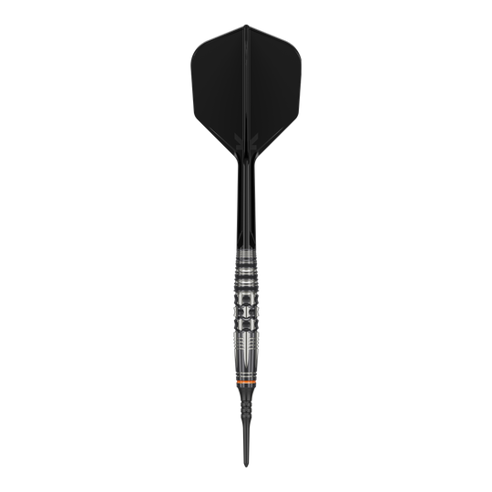 Das Bild zeigt einen Softdart mit schwarzer Spitze, Schaft und Flight. Es handelt sich um das Produkt "Target Japan Black Marque Dancing Duck GEN 4 Softdarts - 17g".