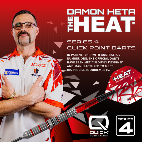 Dardos de acero Harrow Damon Heta Serie 4 Quick Point Hier sind die Harrows Damon Heta Series 4 Quick Point Steeldarts abgebildet. Die Darts sind auf weißem Hintergrund dargestellt.