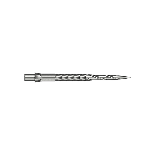 Stalowe groty do lotek Caliburn System - Spiro - NoLip - srebrne Zwei silberne Steeldartspitzen werden gezeigt. Sie sind 32 mm lang und gehören zum Spiro NoLip Design.