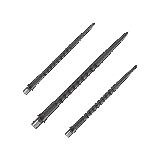 Caliburn System Steeldart Tips - Ripple - NoLip - Black Das Foto zeigt ein Set schwarzer Caliburn Evo System Steeldartspitzen mit 40 mm Länge. Es sind mehrere Spitzen nebeneinander abgebildet.
