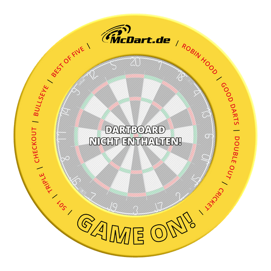 Das Bild zeigt das Produkt mit dem Dateinamen MSF-B4_McDart_Game_On_Dartboard_Surround_Gelb_3. Es ist ein Dartboard-Surround in Gelb.