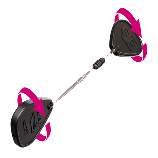 Convertisseur Target Swiss Point 2BA - Noir Das Bild zeigt den Target Swiss Point 2BA Converter in Schwarz. Zwei schwarze Werkzeuge und ein Converter mit einer Dartspitze sind abgebildet, mit Pfeilen, die eine Drehbewegung anzeigen.