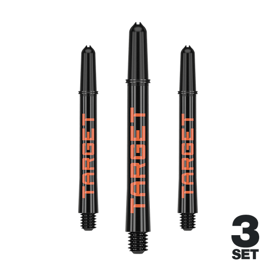 Target Pro Grip TAG Shafts - 3 Sets - Black Orange Das Bild zeigt drei schwarze Dartschäfte mit orangefarbener Aufschrift "TARGET". In der rechten unteren Ecke steht "3 SET".