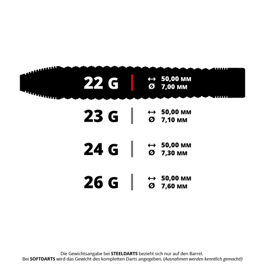 Fléchettes coniques en acier Harrows Dimplex S3 Dieses Bild zeigt verschiedene Gewichte und Maße von Steeldarts. Die Darts wiegen 22 g, 23 g, 24 g oder 26 g und sind jeweils 50 mm lang, mit Durchmessern zwischen 7,00 mm und 7,60 mm.