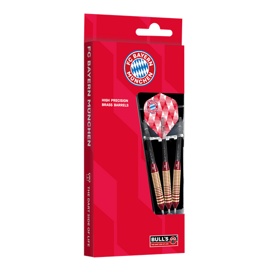 Šipky Bulls FC Bayern Mnichov mosazné ocelové - 21g Das Bild zeigt die Bulls FC Bayern München Brass Steeldarts mit 21 Gramm Gewicht. Die Darts sind im Design des Fußballvereins FC Bayern München gehalten.