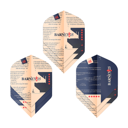 Cíl ProUltra Raymond Van Barneveld Barney25 Standardní lety Das Bild zeigt drei Sätze von Target ProUltra Raymond Van Barneveld Barney25 Standard Flights. Die Flights sind in Beige und Dunkelblau gestaltet und tragen den Aufdruck "BARNEY25" mit roten Sternen.