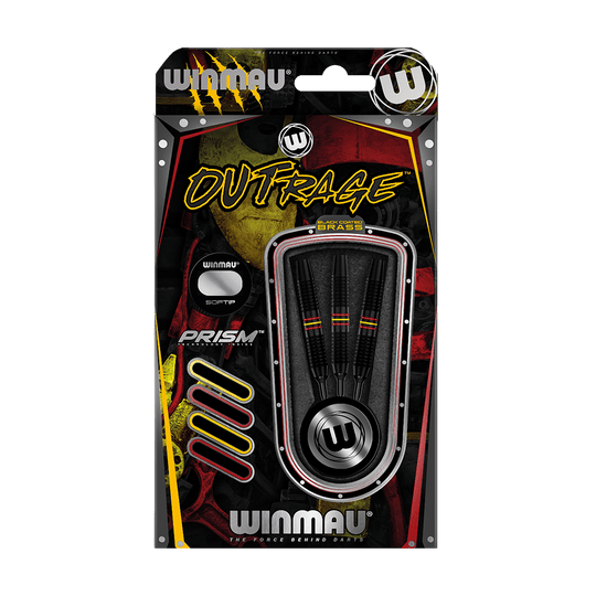 2235-18_Winmau_Outrage_Black_Coated_Brass_Softdarts_3 Das Bild zeigt eine Packung Winmau Outrage V1 Black Coated Brass Softdarts mit einem Gewicht von 18g. In der Verpackung sind drei schwarze Softdarts mit farbigen Ringen zu sehen.