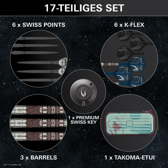 Dardos Target Star Wars Mandalorian 95 Swiss Point de acero Abgebildet sind die Target Star Wars Mandalorian 95 Swiss Point Steeldarts. Sie sind speziell für Fans von Star Wars und Mandalorian entwickelt.