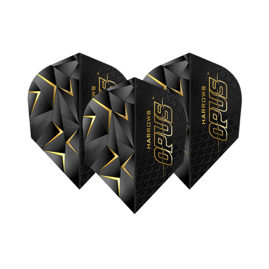 Harrowovy Opus verze 3 lety Das Bild zeigt die Harrows Opus Version 3 Flights. Sie sind schwarz mit goldenen Akzenten und geometrischem Muster gestaltet.