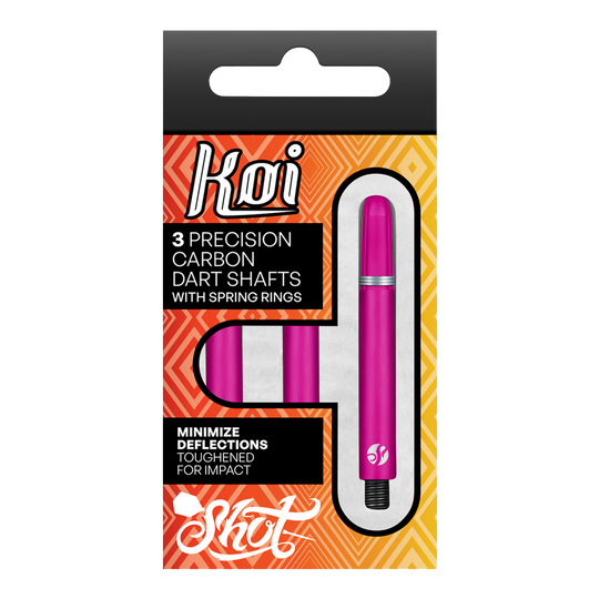 Shot Koi Carbon Shafts - Pink Auf dem Bild ist eine Verpackung mit drei pinkfarbenen Präzisions-Carbon-Dartschäften zu sehen. Die Schäfte sind für minimale Ablenkungen und erhöhte Schlagfestigkeit ausgelegt.