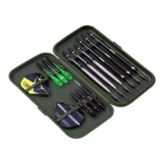 Étui à fléchettes Harrows Slimcase In diesem Bild ist ein offenes Dartcase mit mehreren Darts und Zubehör zu sehen. Das Etui enthält Dartpfeile, Flights und Ersatzschäfte in einer geordneten Anordnung.