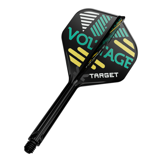 Dieses Bild zeigt eine schwarze Dartflügel- und Schaftkombination. Auf dem Dartflügel stehen die Wörter "VOLTAGE" und "TARGET" in bunten Farben.