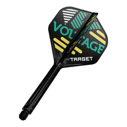 Target K-Flex Rob Cross No2 Standard Flight-Shaft-System Dieses Bild zeigt eine schwarze Dartflügel- und Schaftkombination. Auf dem Dartflügel stehen die Wörter "VOLTAGE" und "TARGET" in bunten Farben.