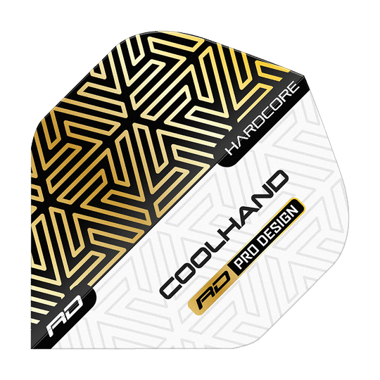Red Dragon Hardcore Luke Humphries Zlatobílé Prémiové Standardní Letky Das Bild zeigt einen Dartflight mit gold-schwarzem und weißem geometrischen Muster. Auf dem Flight stehen die Worte "HARDCORE", "COOLHAND" und "RD PRO DESIGN".