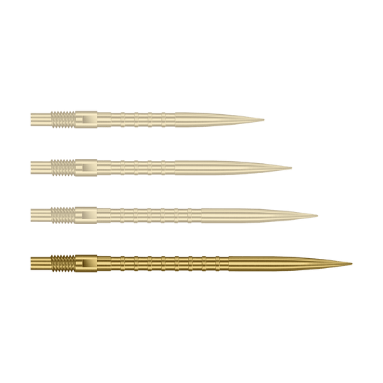 Auf dem Bild ist eine einzelne Harrows Quick Point Heavy Metal Grip Dartspitze in Gold, 40 mm, zu sehen. Die Spitze liegt im Fokus vor hellem Hintergrund.