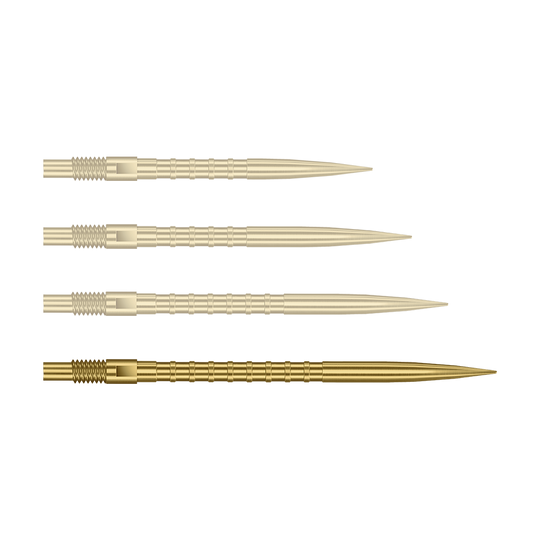 Harrows Quick Point Heavy Metal Dartspitzen - Gold Auf dem Bild ist eine einzelne Harrows Quick Point Heavy Metal Grip Dartspitze in Gold, 40 mm, zu sehen. Die Spitze liegt im Fokus vor hellem Hintergrund.