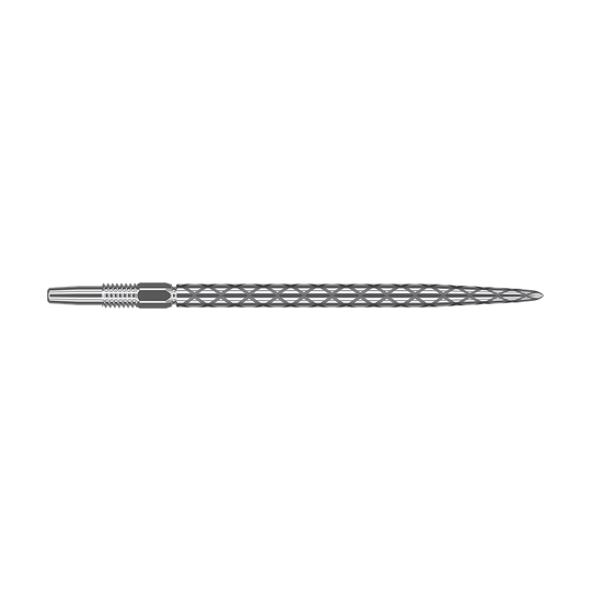 Target Swiss Diamond Pro Silver Points dart tips Das Bild zeigt eine silberne Dartspitze mit einem rautenförmigen Muster auf der Oberfläche. Sie ist lang und schmal gestaltet und besitzt ein Schraubgewinde am hinteren Ende.