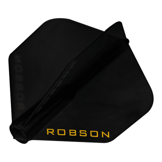 Voli Robson Plus - NO6 Das Bild zeigt einen schwarzen Dartflug. Auf dem Flug steht in gelber Schrift das Wort "ROBSON".