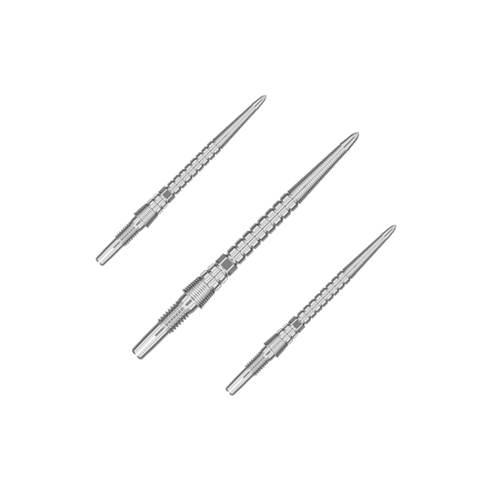 Target Chrono Swiss Storm Point Dart Tips - Silver Mehrere silberne Dartspitzen bilden ein Set. Sie sind gerade nebeneinander platziert.