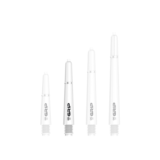 BS55079_Bulls_B-Grip-2_SL_Shafts_Weiss_35mm_1H52h38m0bHQ4Z Das Bild zeigt vier weiße Bulls B-Grip-2 SL Shafts in unterschiedlichen Längen. Die Shafts sind mit dem schwarzen Schriftzug "GRIP" bedruckt.