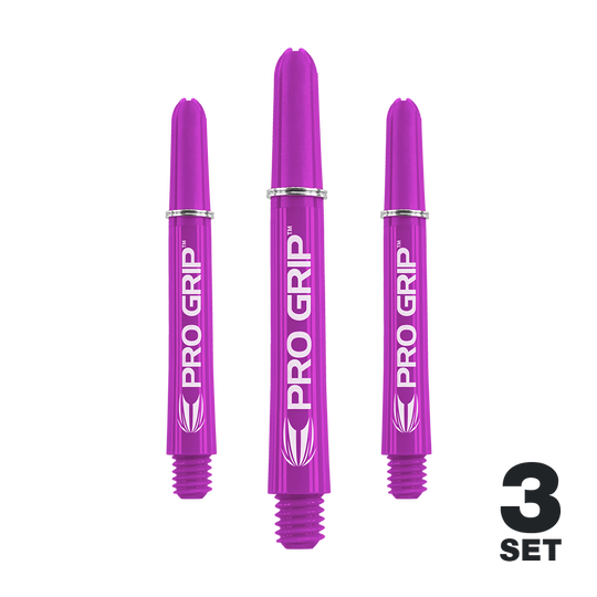 Tiges Target Pro Grip - 3 jeux - Violet Das Bild zeigt drei lilafarbene Pro Grip Dartschäfte. In der rechten unteren Ecke steht "3 Set".